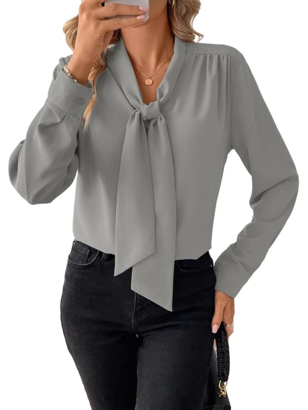 Women's Bow Tie Neck Blouse Long Sleeve Work Tops